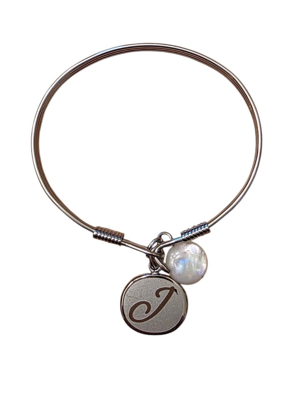 Silver Initial 'J' Bangle Bracelet with White Pearl Charm